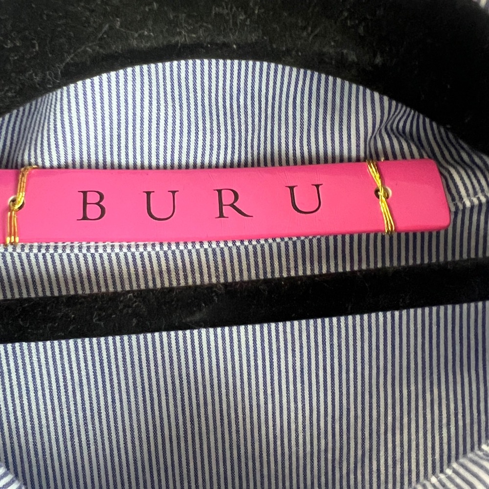 BURU Dress  Blue White Pinstripe Tiered Mini Long Sleeve Collared Button Front - Picture 3 of 11